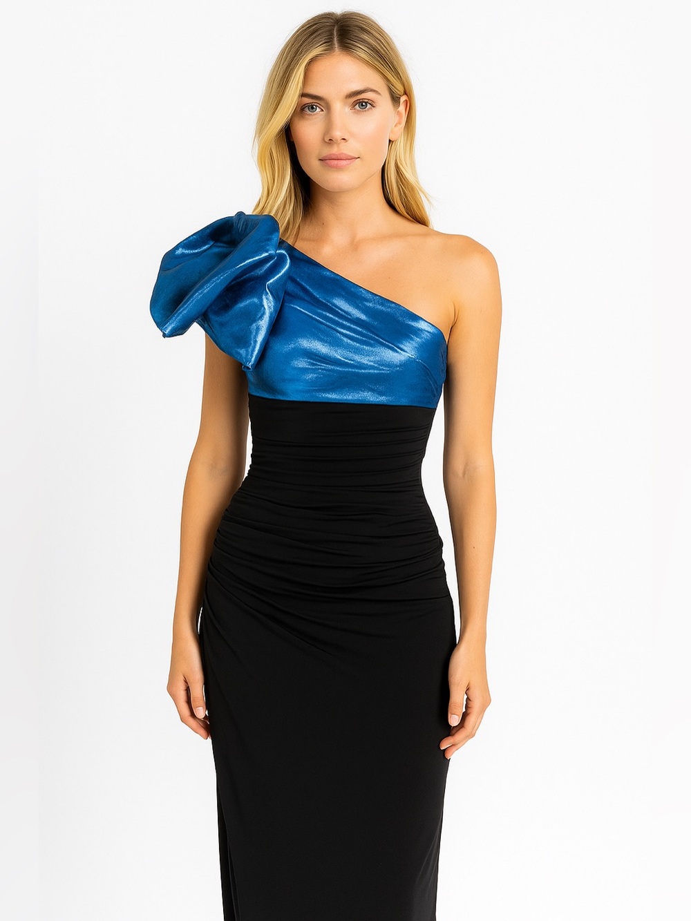 Paule Ka One-Shoulder Metallic Blue and Black Midi Dress with Statement Bow 8